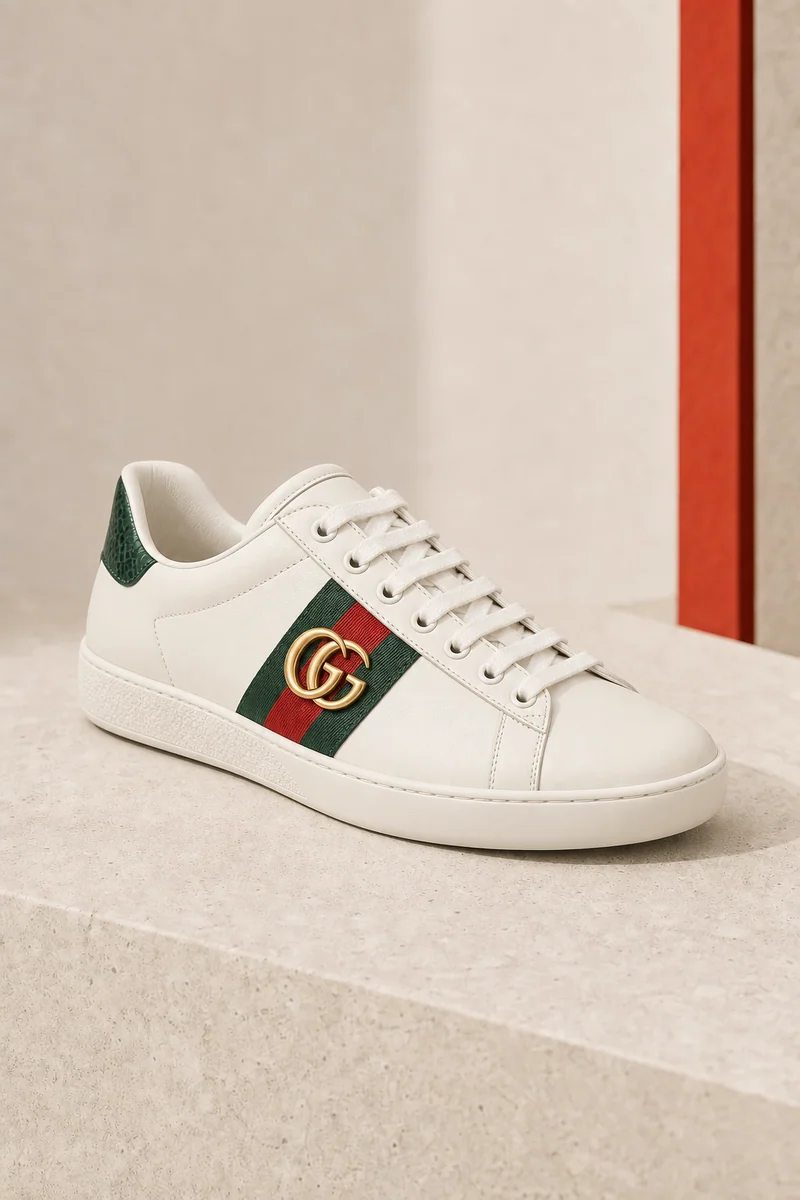Jasne sneakersy Gucci na geometrycznym postumencie